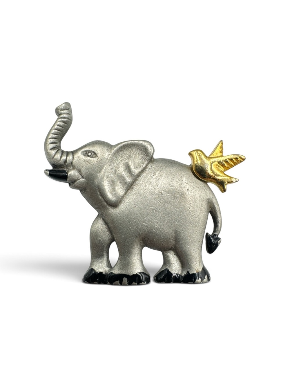 Vintage L Razza Elephant Brooch Silver Tone Bird Novelty Pin Signed